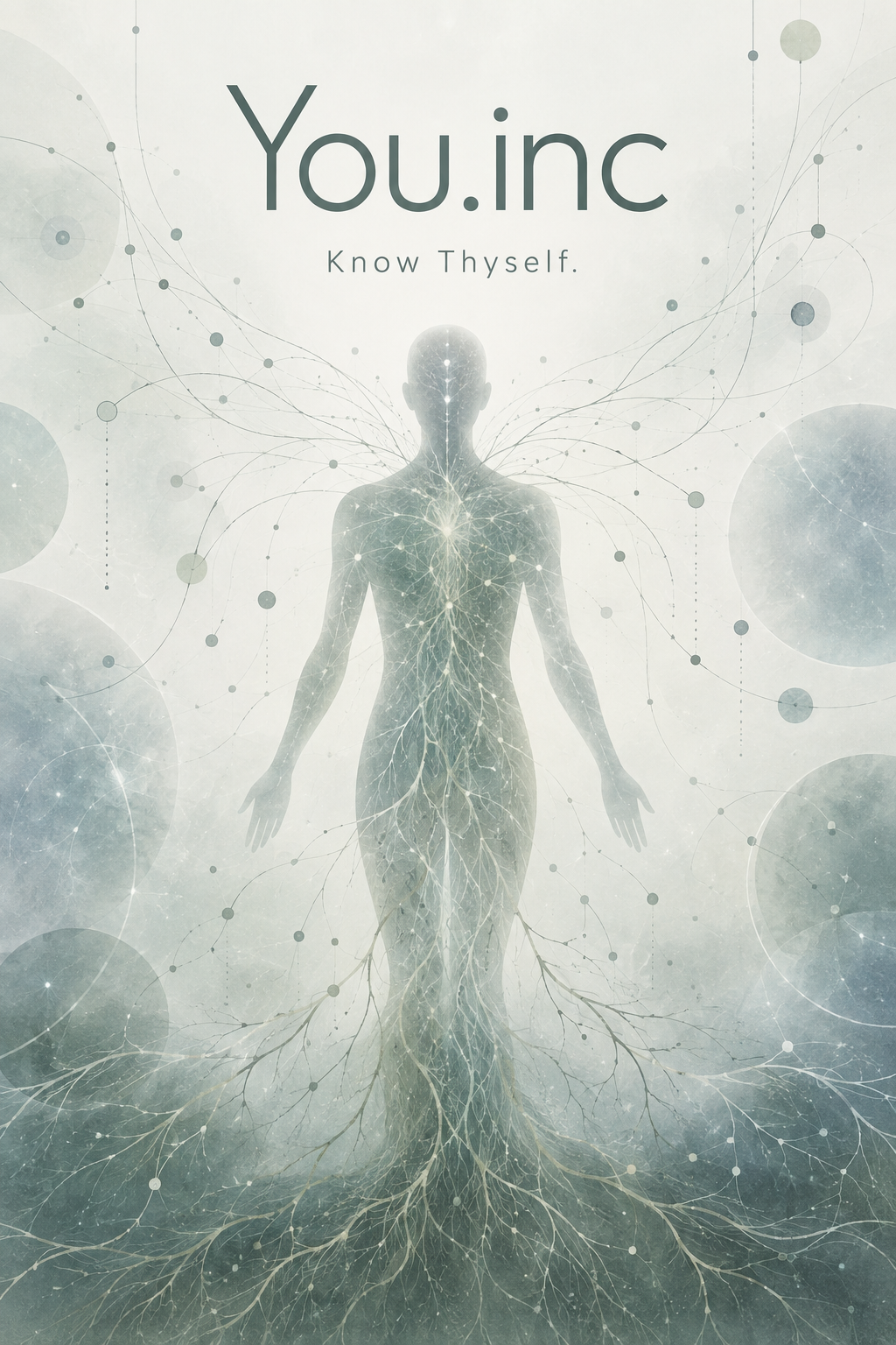 You.inc: Know Thyself. A pale androgynous silhouette threaded with root tendrils and synaptic webs on a grey-green corporate wellness poster.
